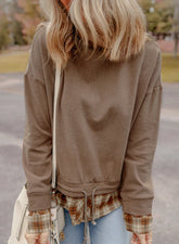 Drawstring Plaid Turtleneck Long Sleeve Top OutfitFlow